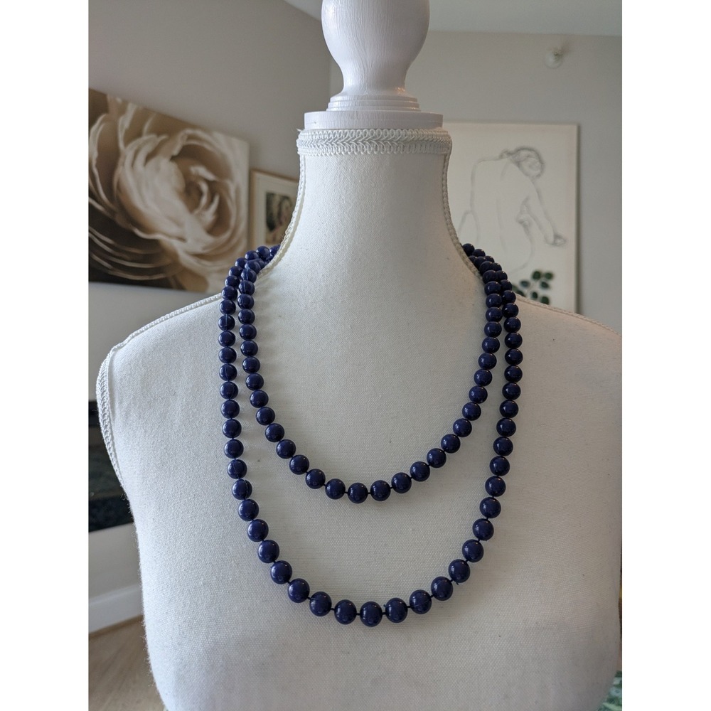 Long Beaded Necklace In Dark Navy Blue Wrappable Layering Vintage Retro